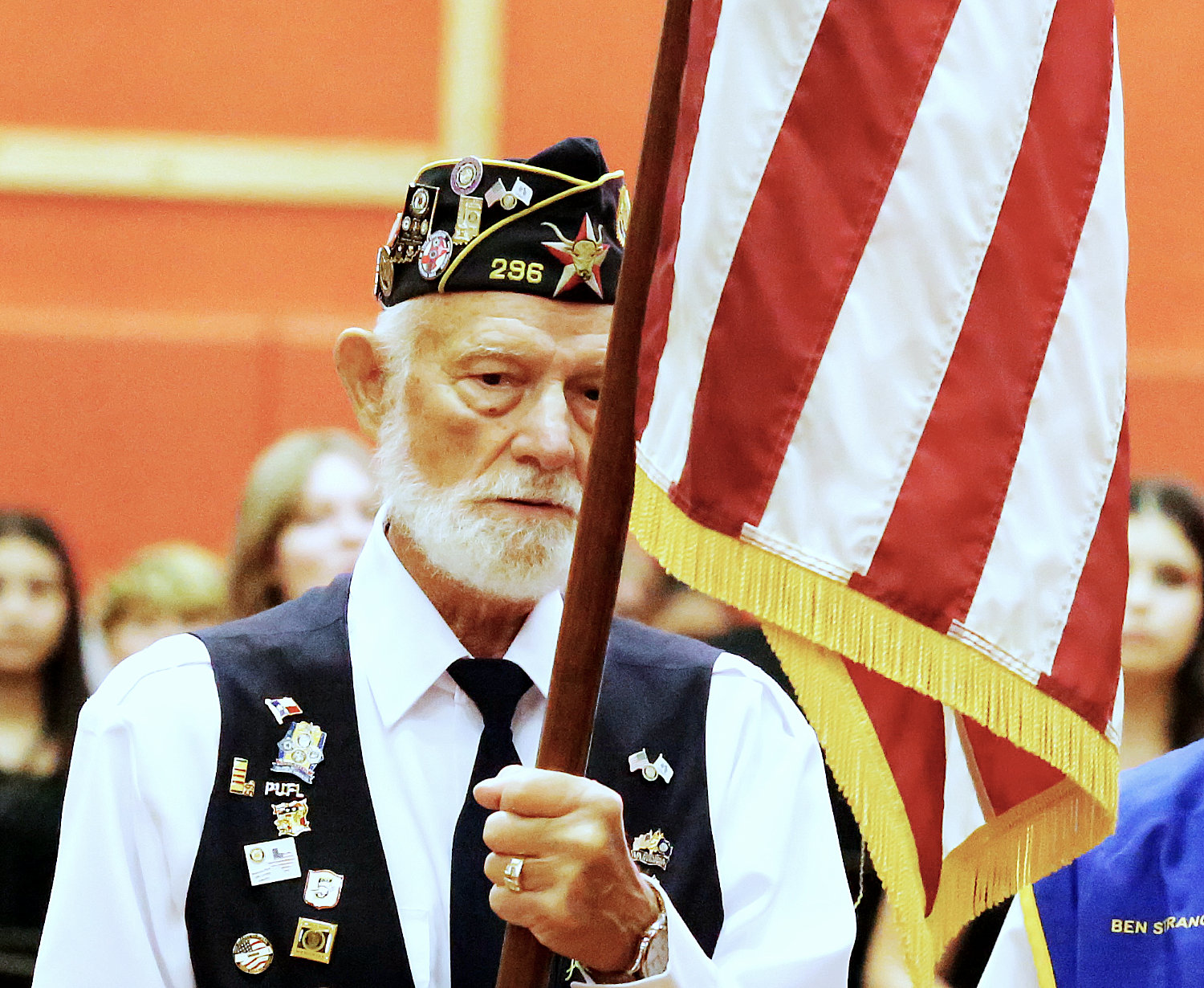 Members of American Legion Post 296 performed duties as color guard for the Mineola High School Veterans Day program. (Monitor photo by John Arbter)
